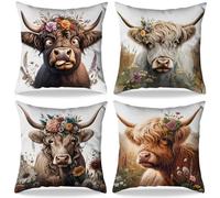 HAJXXMM Highland Cow Pillow Covers, 4pcs Cushion Cover Set, Animal Square Cushion Covers for Women Animal Flower Pillow Cover Outdoor Throw Pillow Case Decor Home Living Room Sofa Couch