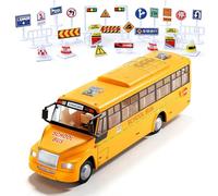 HAJXXMM School Bus Toy with Sounds & Lights, Openable Doors & Top Cover, Pull Back Toy School Bus, Gift for 3 4 5 6 Year Old Boys Girls Kids Toddlers - Educational Preschool Learning & Role Car (A)