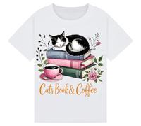 HAK Ideas LTD Cozy Cat, Books & Coffee | Cute Aesthetic Reading Lover Gift Perfect for Readers, Writers, & Tea Lovers | World Book Day T-Shirt White L