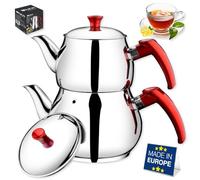 Hakan Stainless Steel 2.8 L, 93 Oz, Midi Double Bondy Tea Pot Set with Self Strainer Double Lids, Turkish Samovar Style Teapot Set, Tea Kettle for Loose Leaf Tea with Red Bakelite Handle 2.9-Quart