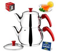 Hakan Stainless Steel Double Bondy Tea Pot Set with Self Strainer, Turkish Kettle Samovar Style Teapot Set, Tea Pot with Handle, Tea Kettle for Loose Leaf Tea with Bakelite Handle (MINI), H9301