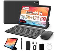 Hakaug Tablet 10 Inch Android 14, 14GB+128GB丨1TB Expanded, 800 * 1280 HD丨WiFi6丨BT5.0丨5000mAh丨5MP+8MP,Widevine L1,Tab with Keyboard丨Mouse丨Tablet Case丨Headphone丨Stylus, Black
