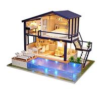 Hakeeta Wood Dollhouse, 2-Storey House with Lights, Private Swimming Pool, Duplex Apartment, DIY Kit for Kids 3+