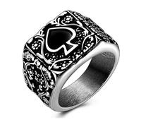 Hakfeeo Men's & Women's Spade Ace Ring - Poker Card Symbol Stainless Steel Band in Silver & Black, Gothic Gambling Theme Jewelry, Edgy Bold Statement Ring