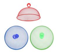 HAKIDZEL 3PCS Metal Mesh Food Cover Dome 28cm Assorted Colours Sturdy Wrought Iron Screen Plate Covers Easy Carry Ring Outdoor Table Umbrella for Picnics BBQs Keeps Food Clean