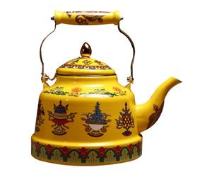 HAKIDZEL Ethnic Enamel Teapot with Comfortable Ceramic Handle, Artistic Antique Style Tea Kettle for Home and Kitchen Use, Practical One Person Tea Pot Protecting Hands from Heat