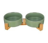 HAKIDZEL Pet Food Bowl Set Smooth Surface Ceramic with Wooden Stand Raised and Tipping Prevention, Stylish round Design for Cats and Dogs, for Daily Use and Home Decor