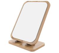 HAKIDZEL Wooden Desktop Vanity Mirror with Swivel Function, Tabletop Makeup Mirror for Bedroom Dressers, Beige Wood Base, Minimalist Contemporary Style for Morning Makeup
