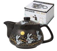HAKONE YOSEGI 10oz bunny kyusu Rabbit Kutani Yaki(ware) Japanese Teapot with Removable Infuser, Handle Mug Stovetop Safe Tea Kettle, Blooming and Loose Leaf Tea Maker Set(Ceramic, Rabbit Black)