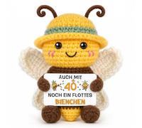 Hakumata 40th Birthday Gift for Women - Hand Crocheted Bee Figurine with Funny Lucky Card, Positive Bee Pocket Hug Gifts for 40th Birthday for Best Friend, Colleague, Approx. 7 x 5 x 10 cm
