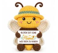 Hakumata Positive Bee Figurine Gifts for Mum - Hand Crocheted Bee with Lucky Card, Mum Gift for Birthday, Mother's Day, Christmas, Cute Decoration Gift from Daughter Son, Approx. 7 x 5 x 10 cm