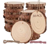 HAKZEON 30 PCS 7-8 cm Natural Wood Slices with Hole and Jute Rope, 1cm Thick Unfinished Wood Circle Coaster for Crafts Rustic Wedding Ornaments, DIY Arts Christmas Home Decor