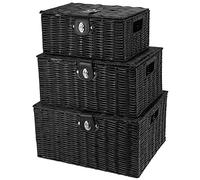 HAKZEON Set of 3 Resin Woven Storage Baskets, Wicker Hamper Storage Baskets Box with Lid & Lock for Storage, Decor, Black