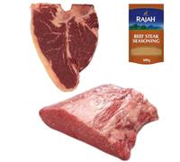 Halal Beef Brisket and T-Bone Steak 1kg with Rajah Beef Seasoning - Fresh Halal Meat Pack - Tender Brisket and Juicy T-Bone for Grilling, BBQ and Roasting