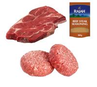 Halal Chuck Steak and Beef Burger 1kg with Rajah Beef Seasoning - Fresh Halal Meat Pack - Juicy Chuck Steak and Burgers for Grilling, BBQ and Home Cooking