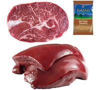 Halal Chuck Steak and Beef Liver 1kg with Rajah Beef Seasoning - Fresh Halal Meat Pack - Tender Cuts for Frying, Curries and Traditional Dishes