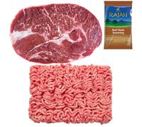 Halal Chuck Steak and Beef Mince 1kg with Rajah Beef Seasoning - Fresh Halal Meat Pack - Tender Cuts for Curries, Kebabs and Home Cooking