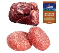 Halal Cow Cheek 1kg and Beef Burger 1kg with Rajah Beef Seasoning 100g - Fresh Halal Meat Bundle - Perfect for Slow Cooking, BBQ and Family Meals