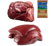 Halal Cow Cheek 1kg and Beef Liver 1kg with Rajah Beef Seasoning 100g - Fresh Halal Offal Pack - Traditional Cuts for Curries, Stews and Home Cooking