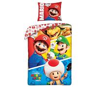 Halantex Nintendo Super Mario Bros Movie Gang Single Duvet Cover & Pillow Case Set - Soft Breathable 100% Cotton Bedding with Pillowcase Reversible for Kids, Girls Boys (SMM003)