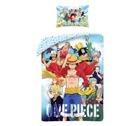 Halantex One Piece Single Duvet Cover Set - Reversible Blue Anime Bedding - Soft Microfibre - Monkey D. Luffy & Straw Hat Crew - 135x200cm + Pillowcase 48x74cm - Kids Boys Cartoon Bed Set