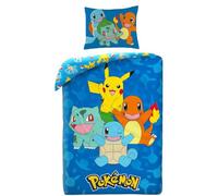 Halantex Pokemon Bedding Set with Pikachu, Charmander, Squirrel and Bulbasarre, Duvet Cover 140 x 200 cm + Pillowcase, Blue, POK579