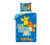 Halantex Pokemon Bedding Set with Pikachu, Charmander, Squirrel and Bulbasarre, Duvet Cover 140 x 200 cm + Pillowcase, Blue, POK579