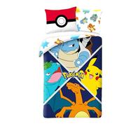 Halantex Pokemon Evolution Children's Bedding Set, Reversible Duvet Cover 140 x 200 cm + Pillowcase, with Pikachu, Tortank (Squirt), Charizard (Charapecker) and Florizarre (Bulbaszarre), POK611
