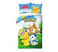 Halantex Pokemon Reversible Bedding Set, 100% Cotton, Duvet Cover 140 x 200 cm + Pillowcase, with Tiplouf, Pikachu, Ouisticram and Tortipouss