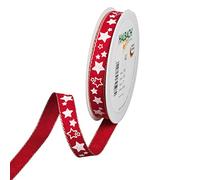 Halbach Seidenbänder Christmas Ribbon 15 mm x 15 m Gift Wrapping Ribbon with Stars Printed and Linen Edges Colour: Red/White