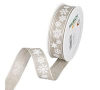 Halbach Seidenbänder Gift Ribbon Christmas Linen 25 mm x 15 m Natural Gift Ribbon for Wrapping Gifts, Linen Snow Stars with Wire Edges