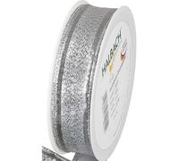 Halbach Seidenbänder Silver Gift Ribbon - Made in Germany - with Malleable Wired Edges | 25 mm x 25 m | Elegant Golden Ribbon for Wedding or Christmas