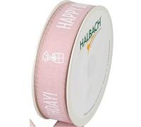 Halbach Silk Ribbons Gift Ribbon Happy Birthday | Width 25 mm Length 18 m | Gift Ribbon Birthday | Ribbon for Birthday Decoration | Colour: Pale Pink/White