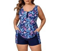 Halcurt Tankini Large Size Women's Swimwear Set with Bra Two Piece Swimsuit Tankini Top with Swimming Shorts 1X-4X, Navy/Purple Flowers, 3XL Plus