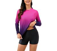 Halcurt Women's Built in Bra Rash Guard Long Sleeve Swimwear UPF 50 Two Piece Swim Shorts and Tops, Ombre Purple Pink, S
