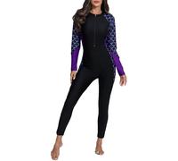Halcurt Women's Full Body Rash Guard One Piece Front Zip Swimsuit Long Sleeve UPF 50 Bathing Suit, Mermaid Purple Black, XL