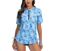 Halcurt Women's Half Zip Short Sleeve Rash Guard Swimsuit Top Ruched Swim Shirt UPF50+ Quick Dry Bathing Suit, Blue Butterfly, XXL