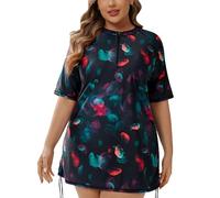 Halcurt Women's Plus Size Half Zip Short Sleeve Rash Guard Swim Top Drawstring Swim Shirt UPF50+ Swimsuit, Black/Colorful Jellyfish, 3X