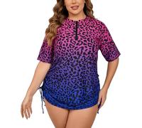 Halcurt Women's Plus Size Half Zip Short Sleeve Rash Guard Swim Top Drawstring Swim Shirt UPF50+ Swimsuit, Pink Blue Leopard, 2X