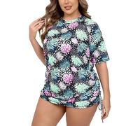 Halcurt Women's Plus Size Short Sleeve Rash Guard Ruched Side Drawstring Adjustable Swim Shirt UPF50 Quick Dry Swimsuit Top