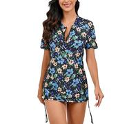 Halcurt Women's Short Sleeve Rash Guard Swim Shirt with Bra Half Zip Tie Drawstring UPF50+ Swimsuit Top, Black/Blue Yellow Flowers, XXL