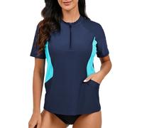 Halcurt Women's Short Sleeve Rash Guard Top with Built in Bra Side Pockets Swim Shirts UPF50+ Swimsuit, Navy/Bright Blue, Large