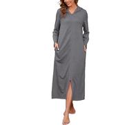 HALCYEEN Womens Hooded Zipper Bathrobe Long Sleeve House Coat Full Length Nightgown with Pockets S-XXL, Dark Grey, Large