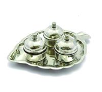Haldi Kumkum Holder Wedding Navratri Housewarming Return Gift Pooja Accessories Leaf Shaped Thali with Haldi Kumkum 3 Containers Pooja Thali Set Stainless Steel