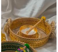 Haldi Mehndi Ceremony Platter Set - Decorative Wedding Thali with Bowl & Applicator | Pithi Plate, Dholki Tray, Kumkum Holder Indian Pre-Wedding Rituals, Stylespeaks (Yellow)