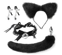 HALDILIGANER 4 in 1 Anal Plug with Fox Tail Set, Cat Ear Headband, Cute Collar Choker Necklace O Ring, Nipple Clamps, SM Sex Toy for Couples Flirt Play Fetish Cosplay, SM Game Play, Party (Black)