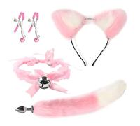 HALDILIGANER 4 in 1 Anal Plug with Fox Tail Set, Cat Ear Headband, Cute Collar Choker Necklace O Ring, Nipple Clamps, SM Sex Toy for Couples Flirt Play Fetish Cosplay, SM Game Play, Party (Pink)