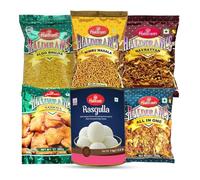 Haldiram'S Combo All in one, Navrattan, Nimbu Masala, Samosa, Aloo Bhujia (200g) and Rasagulla 1kg Delicious Indian Traditional Sweets and Snacks Each Pack of 1