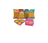 Haldiram's Gift Hamper Pack for All Occasions | Includes Plain Bhujia, Aloo Bhujia, All in One, Bombay Mix (200g Each), Motichoor Ladoo (300g), and a Set of 4 Waxed Diyas | Festive Gift Bundle