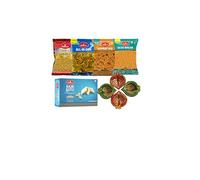 Haldiram's Gift Hamper Pack for All Occasions | Includes Plain Bhujia, Aloo Bhujia, All in One, Bombay Mix (200g Each), Kaju Katli (300g) and a Set of 4 Diyas | Rich Indian Sweet | Traditional Touch
